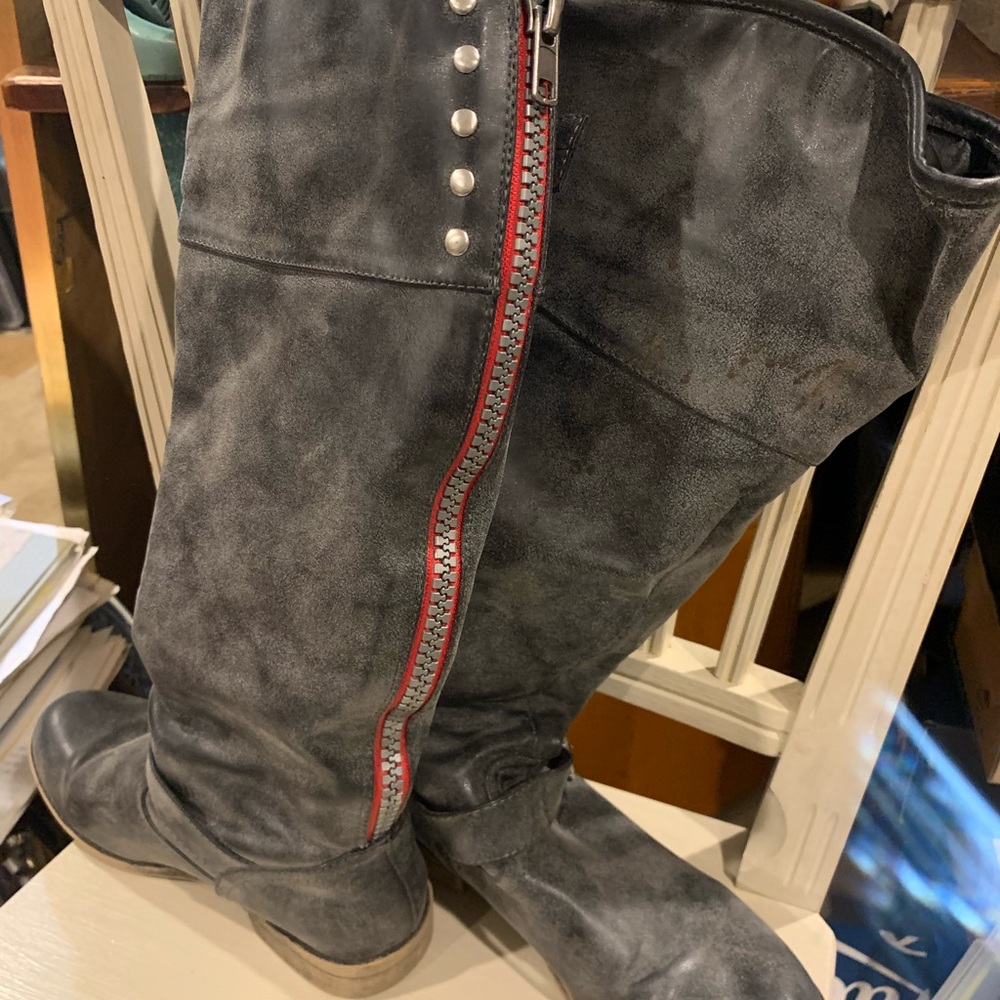 Madden Girl brushed grey Boots with Red Zipper